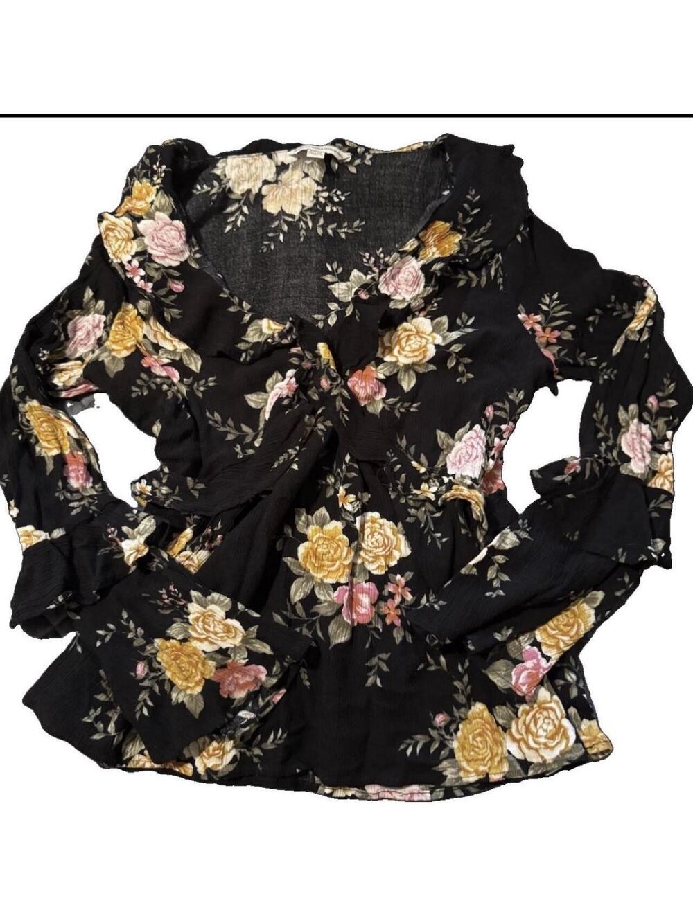 American Eagle Whimsigoth Ruffle Floral Blouse Top Long Bell  sleeve size small